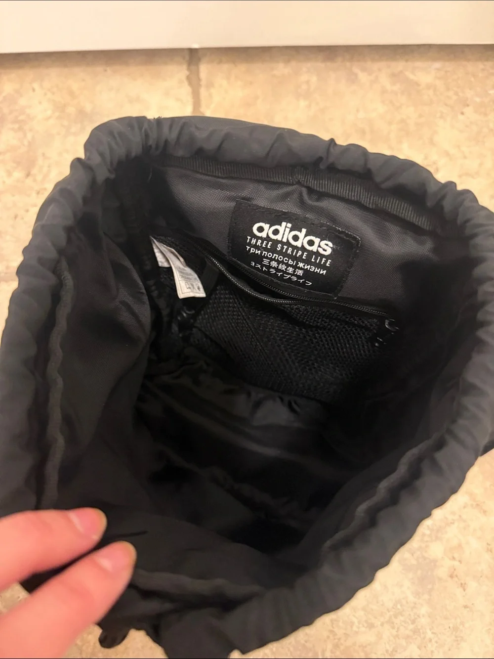 Adidas Three Stripe Life Drawstring Adjustable Strap Small Backpack Black
